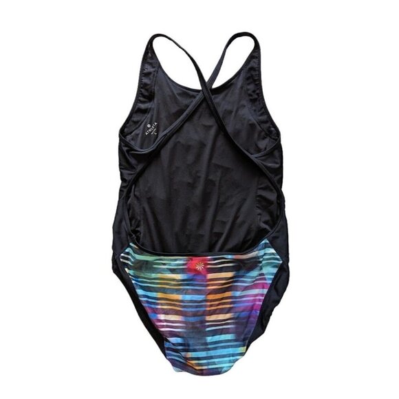 Athleta Rainbow Laser Stripe Black One Piece Swimsuit Size L - Picture 2 of 6